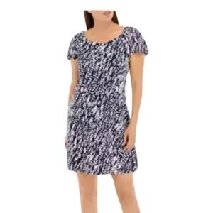 Signature by Robbie Bee Navy/White Print Scoop Neck Puff Sleeve Dress Size S